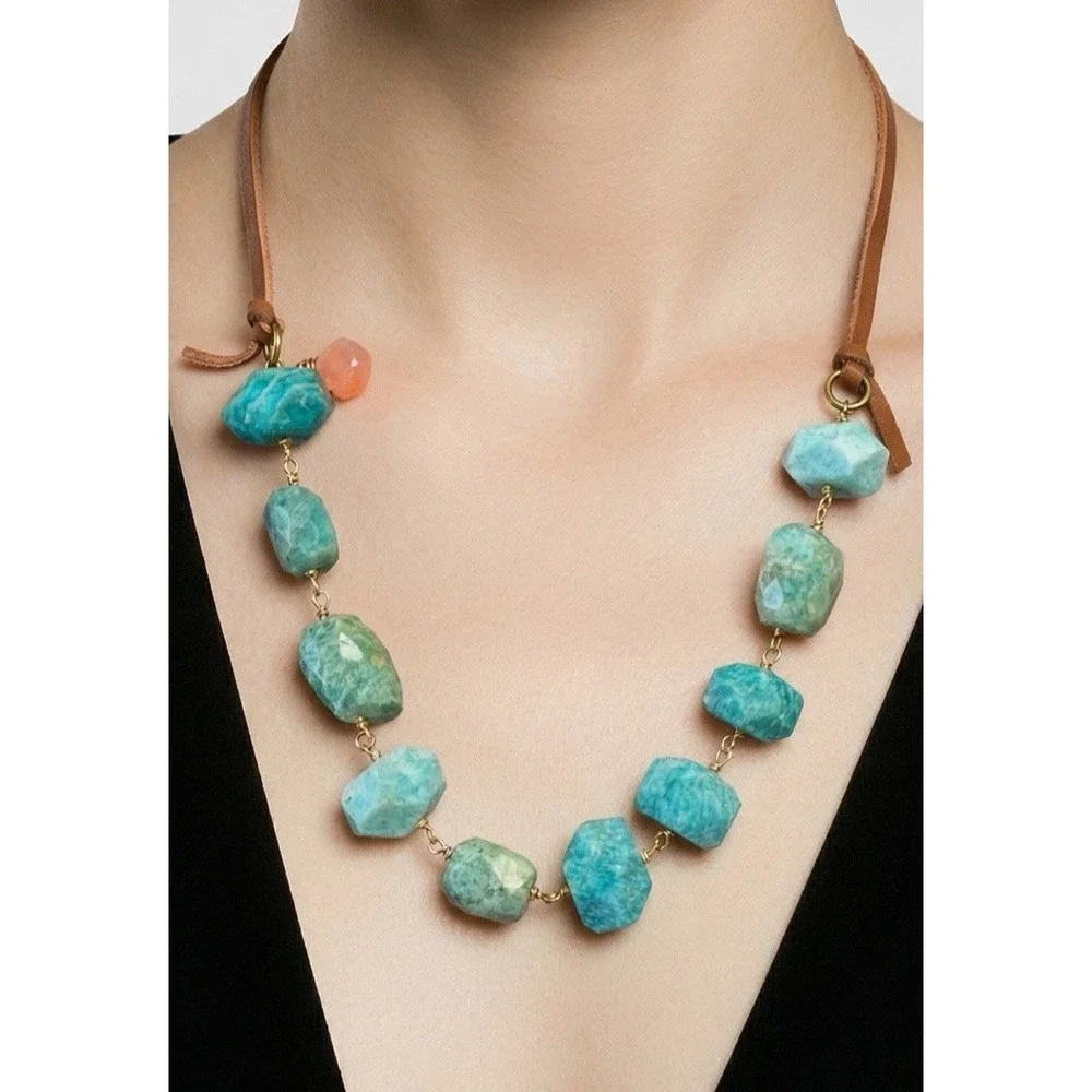 Large Chunky Faceted‎ Amazonite Polished Bead Statement Necklace Adjustable EUC